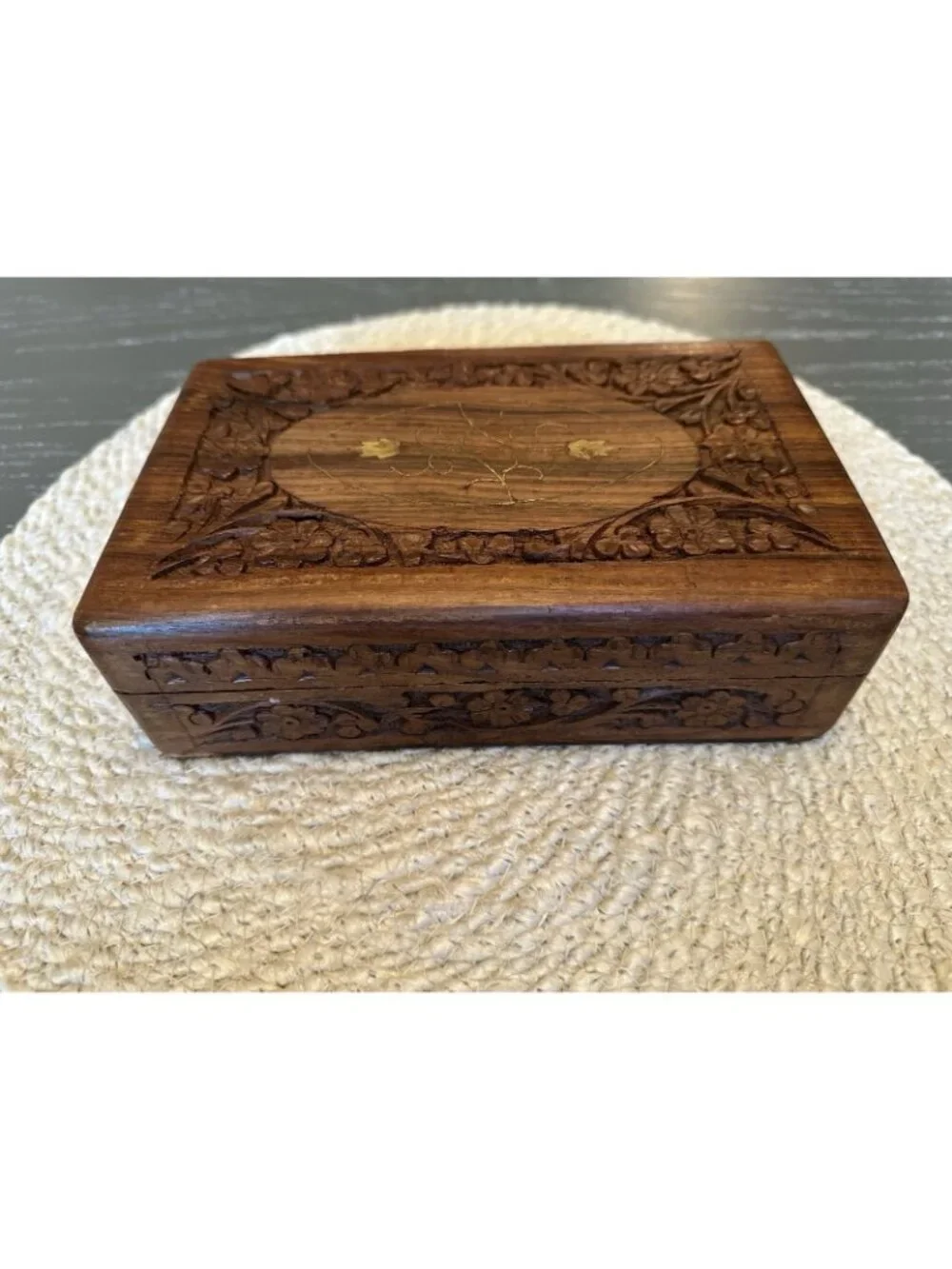 Vintage Carved Wooden Trinket Box Made in India Hinged Lined with Brass Inlay 8”